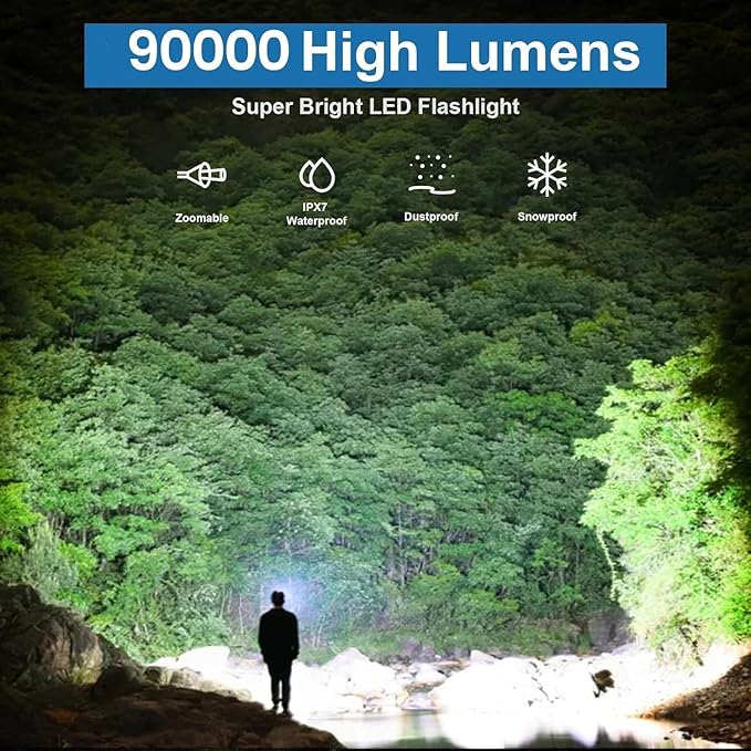 Rechargeable Flashlights 90000 High Lumens - 2 Pack, Super Bright LED Flash Light with 5 Modes, 12