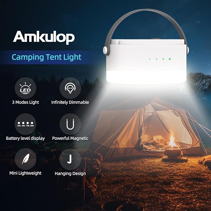 Led Rechargeable Camping Lantern with Tent Light & Portable Lamp - USB-C Magnetic Base, Stepless