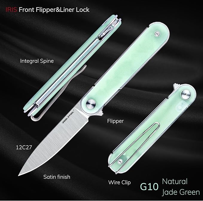 REALSTEEL IRIS Pocket Knife, Folding Knife, Flipper, Liner Lock, 2.99" 12C27 Steel Blade
