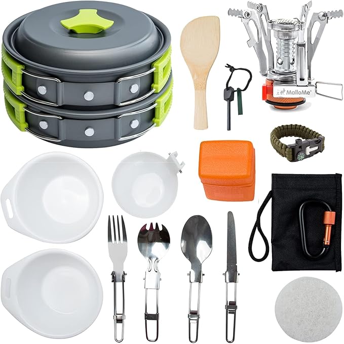MalloMe Camping Cookware 18pc Mess Kit w/Backpacking Stove ??Camping Cooking Set for Backpacking