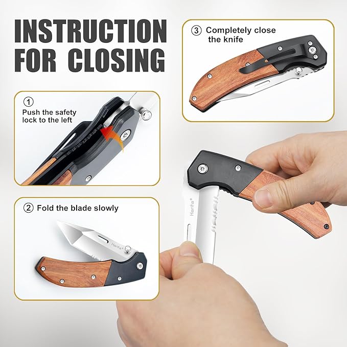 Harita Pocket Knife for Men, Folding Utility with Pocket Clip, Wood Handle EDC for Women with 3.4″
