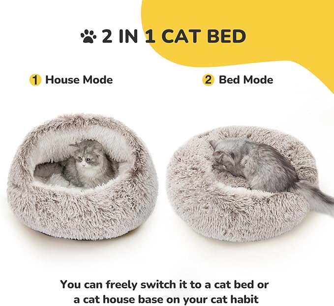 CATISM Plush Hooded Cat Bed, Calming Nest, Self-Warming Cave, Cozy Pod for Indoor Cats or Small