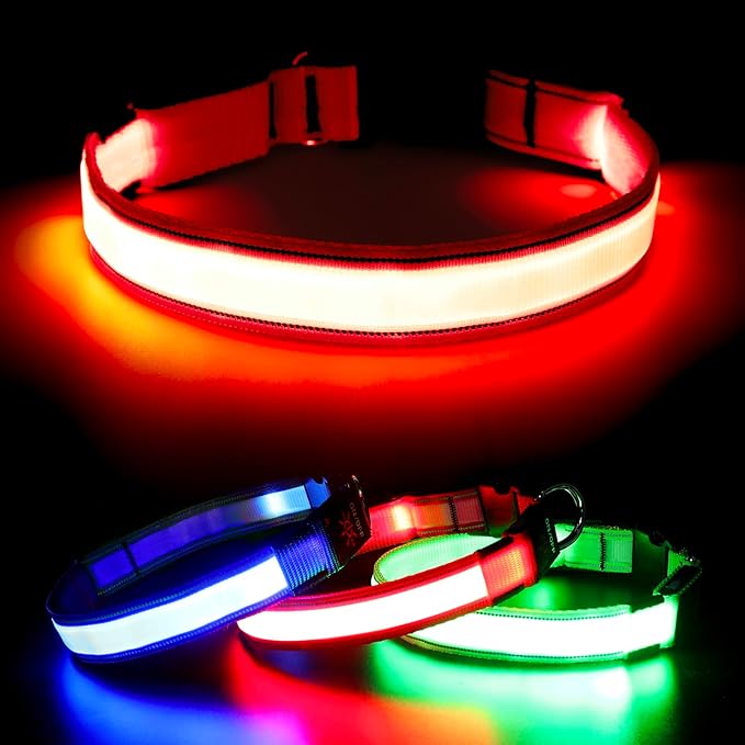 Visinite LED Dog Collar USB Rechargeable, Reflective Light Up Pet Collar for Night Walking