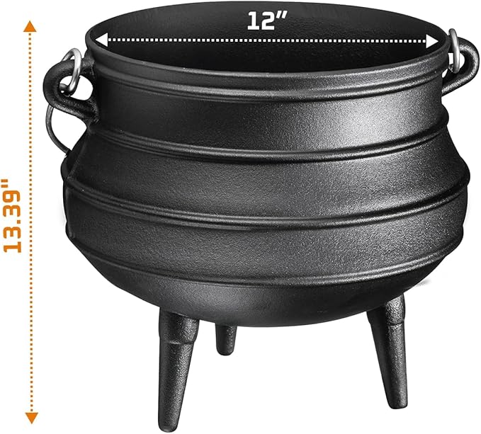 Bruntmor 12 Quart Cast Iron Dutch Oven Cauldron Pot - Camping Cookware with Lid - Pre-Seasoned