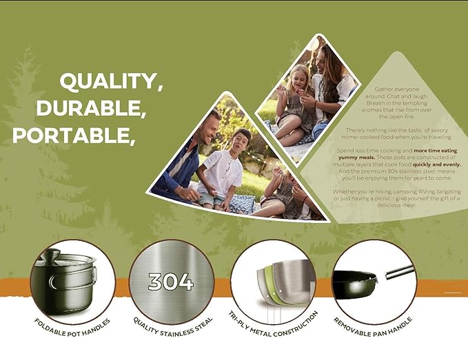 Camping Cookware Set 304 Stainless Steel 8-Piece Pots & Pans Open Fire Cooking Kit | Frying Pan