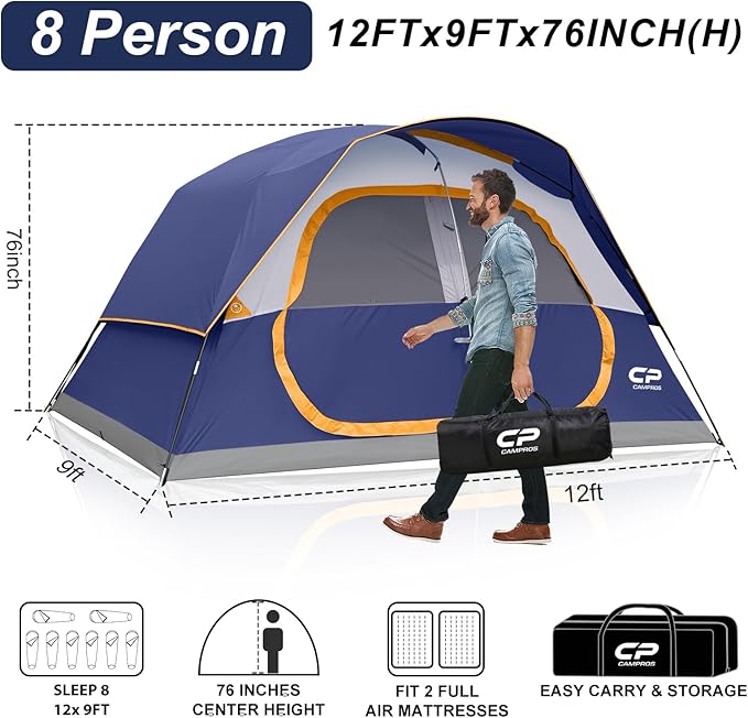 CAMPROS CP Tent 8 Person Camping Tents, Waterproof Windproof Family Tent with Top Rainfly, Large