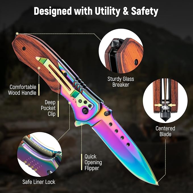 Pocket Knife for Men - 3.46" Sharp Blade Wood Handle Pocket Folding Knives with Clip, Glass Breaker