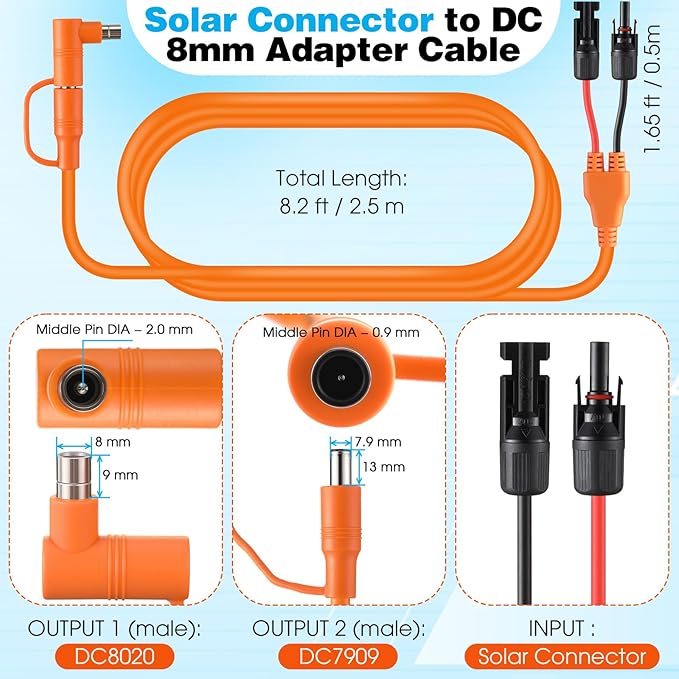 Tellingyou Solar Connector to DC 8mm Adapter Cable, 8.2 ft 14AWG Solar Panel Cable with