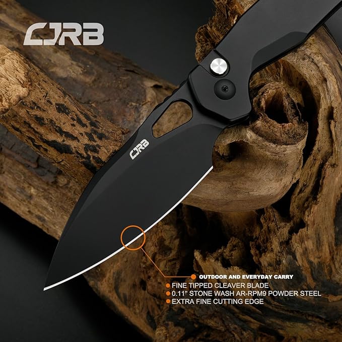 CJRB Frack Pocket Knife, 3.9" AR-RPM9 Steel Blade PVD Coating Steel Handle EDC Knife, Button Lock