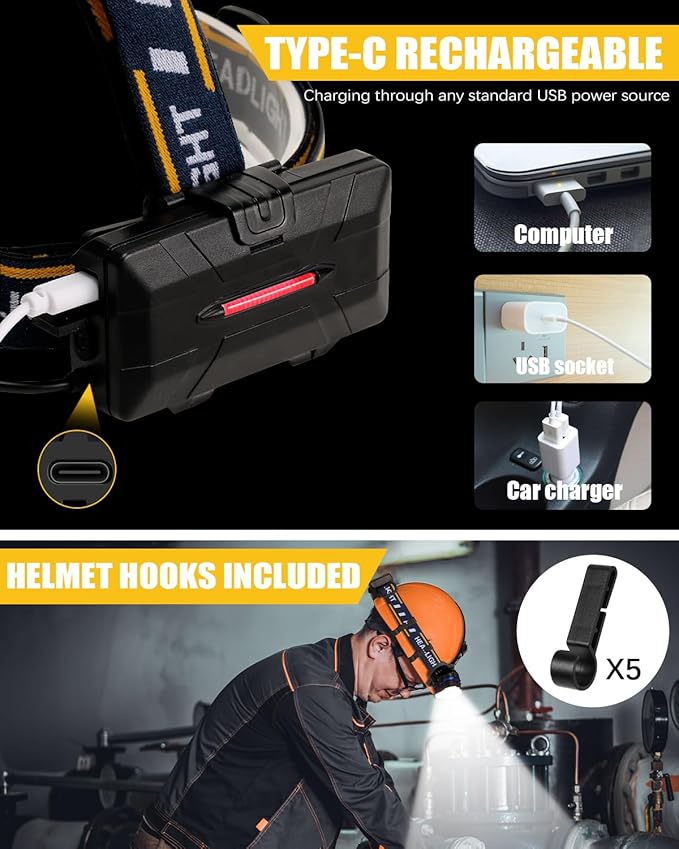 Rechargeable Headlamp, 8 LED Headlamp Flashlight 18000 Lumen 8 Modes with White Red Lights USB