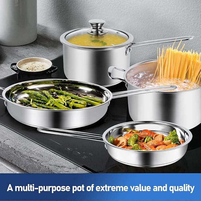 Aufranc 10-Piece Pots and Pans Set, Stainless Steel Cookware Set- Includes Ergonomic Handle