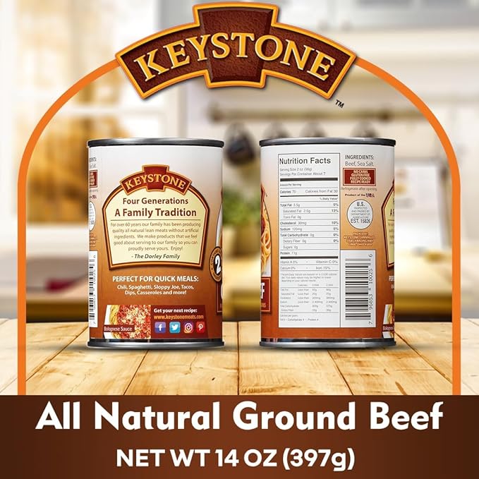 Keystone Meats All Natural Ground Beef 14 Oz Fully Cooked Canned Meat | Heat & Serve | 5-Year Shelf