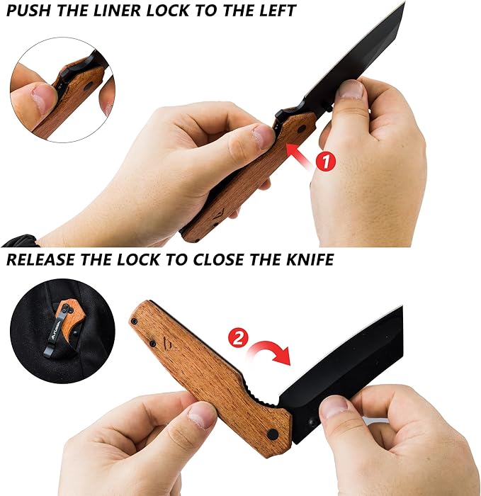 FLISSA Folding Knife, 4-3/4" Reverse Tanto Folding Pocket Knife, Black Stonewash Blade, Wood