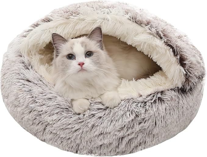 Calming Dog Beds & Cat Cave Bed with Hooded Cover,Removable Washable Round Beds for Small Medium
