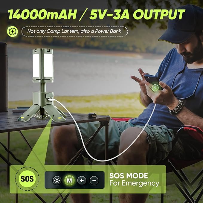 Portable Camping Light, 14000mAh Telescopic Camping Lantern with Rechargeable Power Supply
