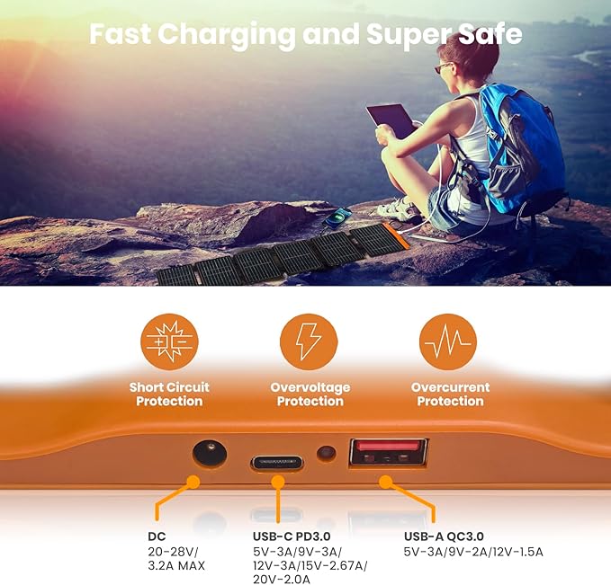 FlexSolar 60W Foldable Solar Panel, Portable Solar Charger with USB-C/USB-A QC3.0/DC 20-28V Port