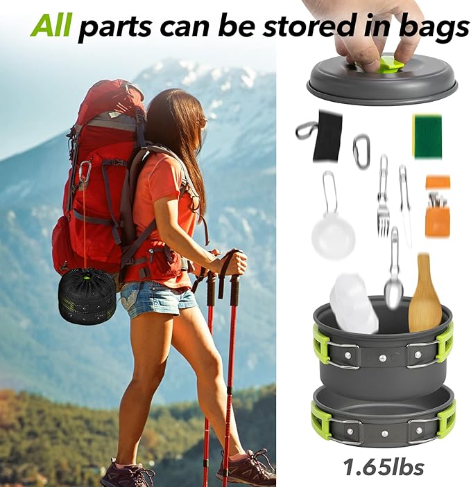 15pcs Camping Cookware Mess Kit,Non-Stick Lightweight Pots Set Portable Outdoor Cookware for