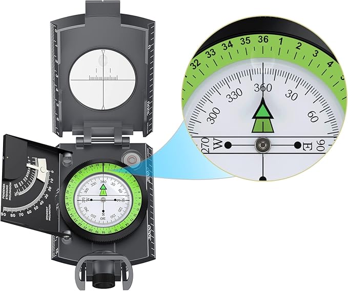 Compass Hiking Survival, IP65 Waterproof Metal Compass with Sighting Clinometer and Carry Bag