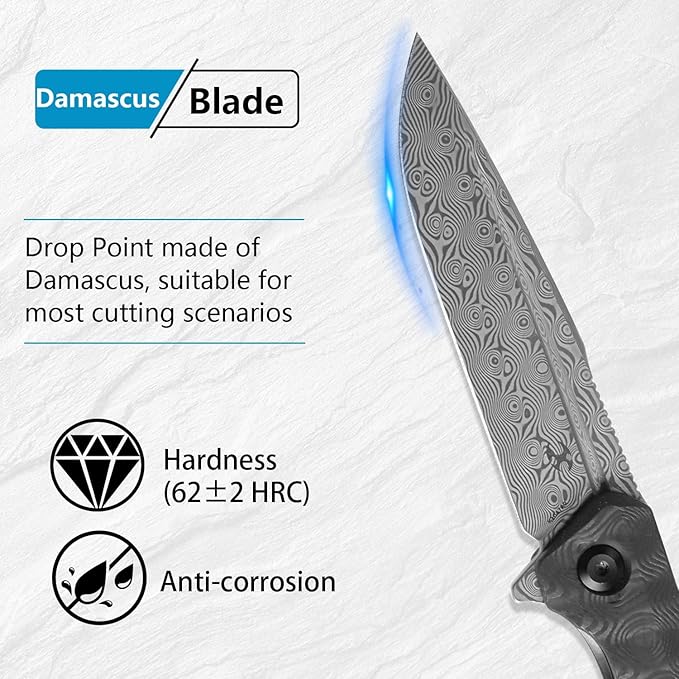 KANSEPT Qilin Pocket Knife,3.24'' Damascus Sharp Blade, Black Rose Carbon Fiber Handle for Edc