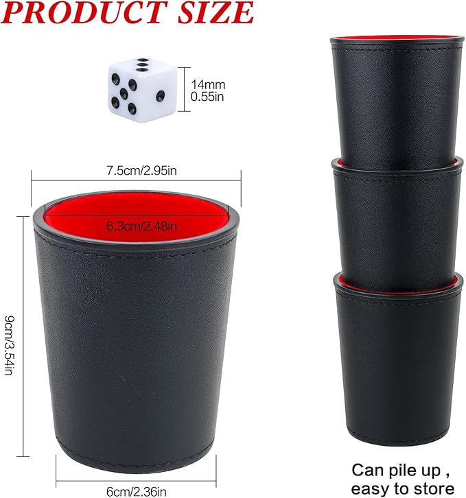 Felt-Lined PU Leather Dice Cup Set, 6 Quiet Dice Shaker Cups with 36 Dices for Bar Party Yahtzee