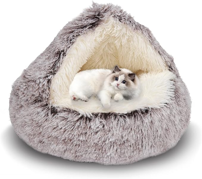 ShinHye Cat Bed Round Plush Fluffy Hooded Cat Bed Cave, Cozy for Indoor Cats or Small Dog beds