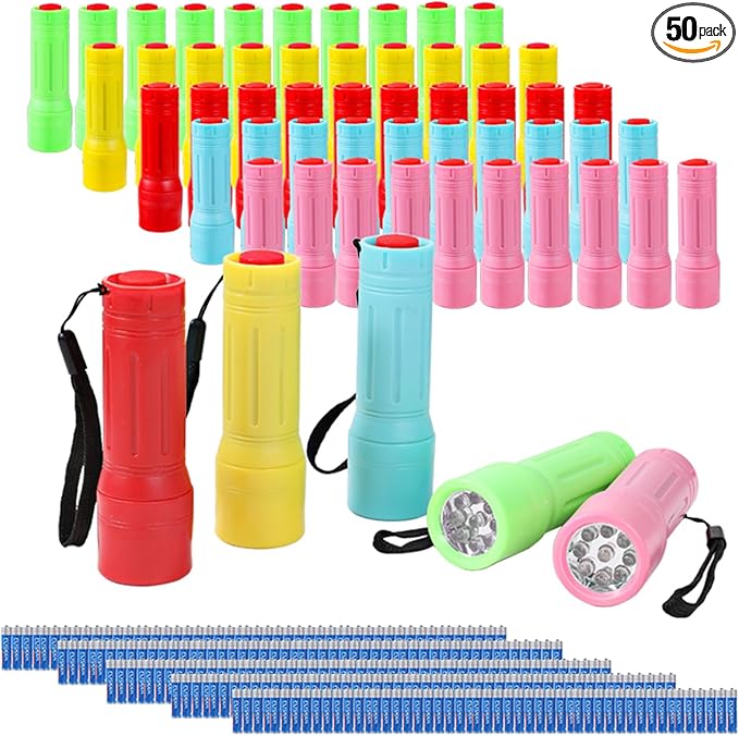 50 Pack 9-LED Mini Flashlight Bulk, Small Multicolor Flashlights with Lanyard, Batteries Included