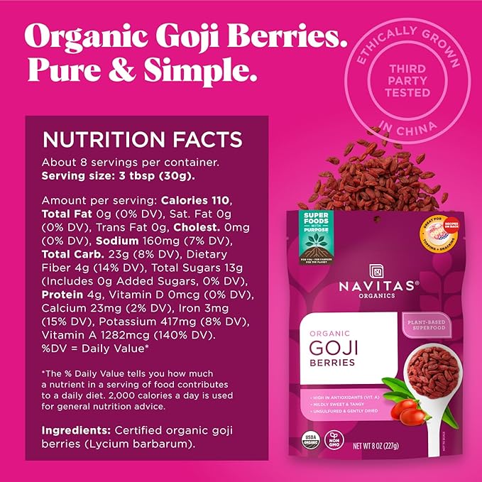 Navitas Organics Goji Berries – For Smoothies, Trail Mix, Baked Goods, Oatmeal & More – Vitamin A