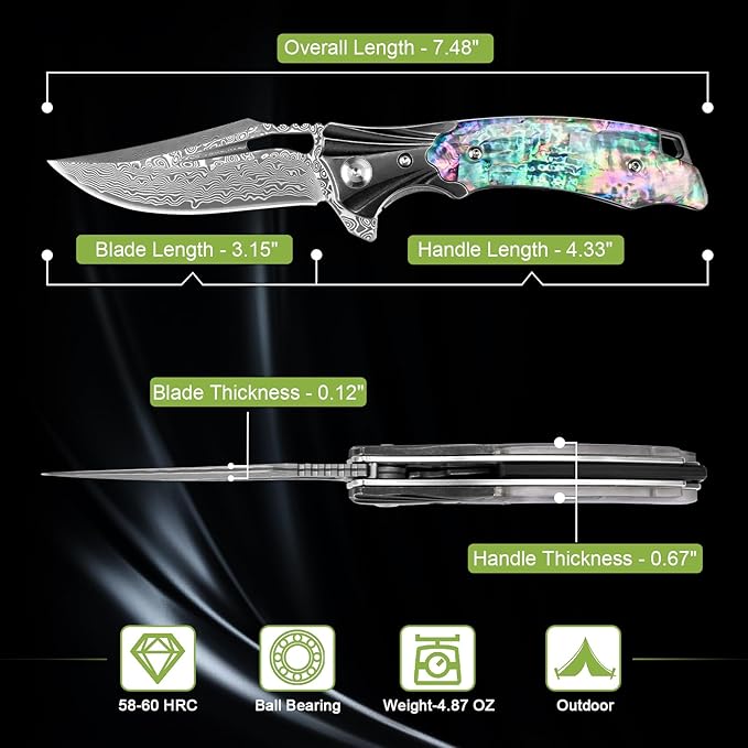 Damascus Pocket Knife for Women, 3.15" VG10 Damascus Steel Blade EDC Folding Knife with Sheath