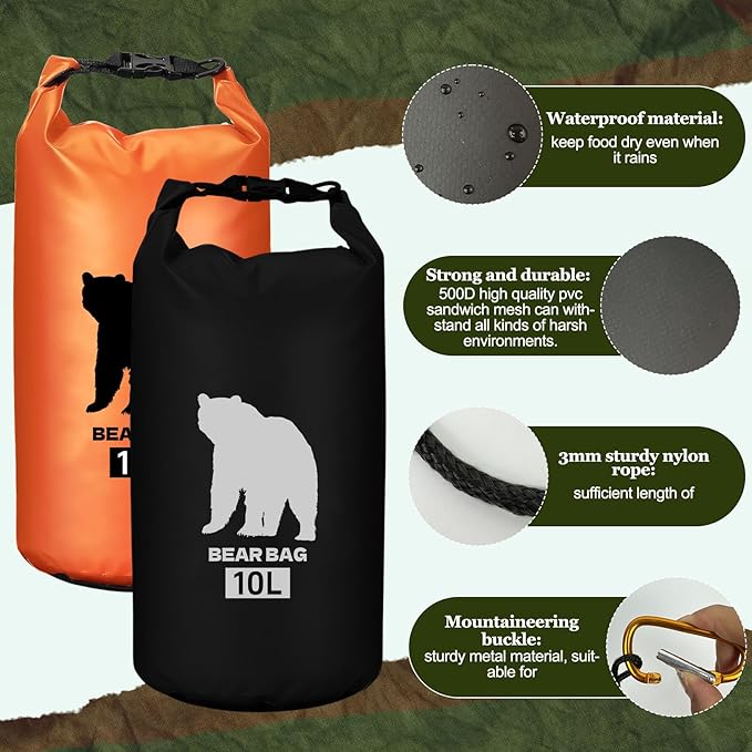 2 Pcs 10L Waterproof Bear Bags with 4 Nylon Ropes, 4 Clips & 2 Rock Pockets & 2 Small Warning Bells