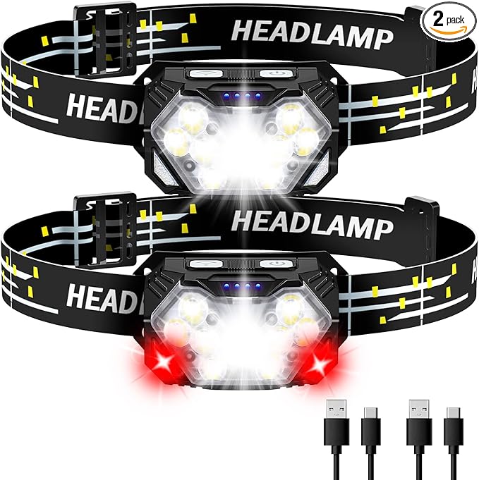 2000LM Ultra Bright 9 LED Headlamp, 2 Pack USB C Rechargeable Headlights, 10 Modes, Motion Sensor