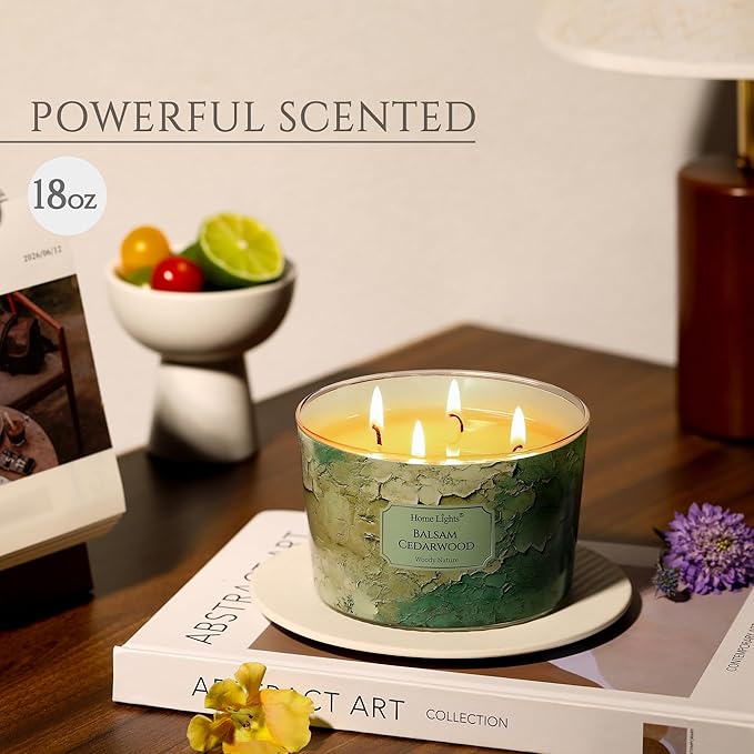HomeLights Balsam Cedarwood Scented Candles | 18oz Soy Candles Industrial Chic 4-Wick Large Candle