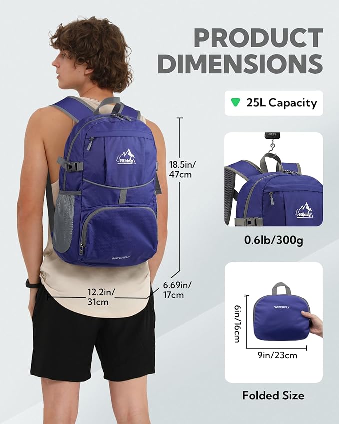 WATERFLY Hiking Foldable Daypack Backpack: 25L Ultra Lightweight Waterproof Day Pack for Woman Man
