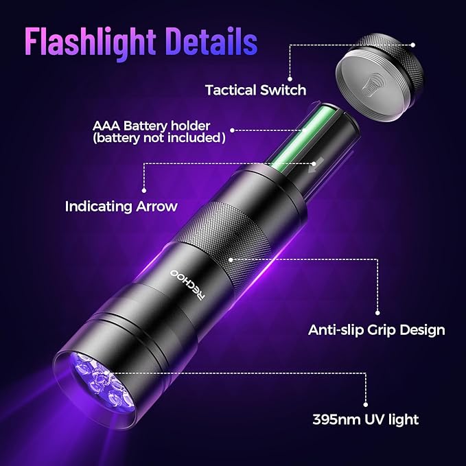 Black Light UV Flashlight 2 Pack, 12 LED 395nm UV Flashlight, Portable Mini UV Light Waterproof