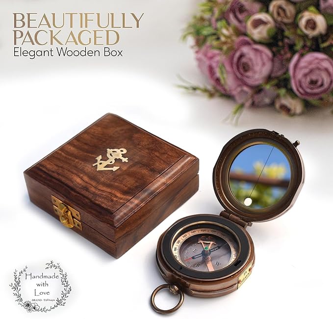 Trust in The Lord With All Your Heart - Proverbs 3:5-6 Quote Engraved Compass With Wooden Box
