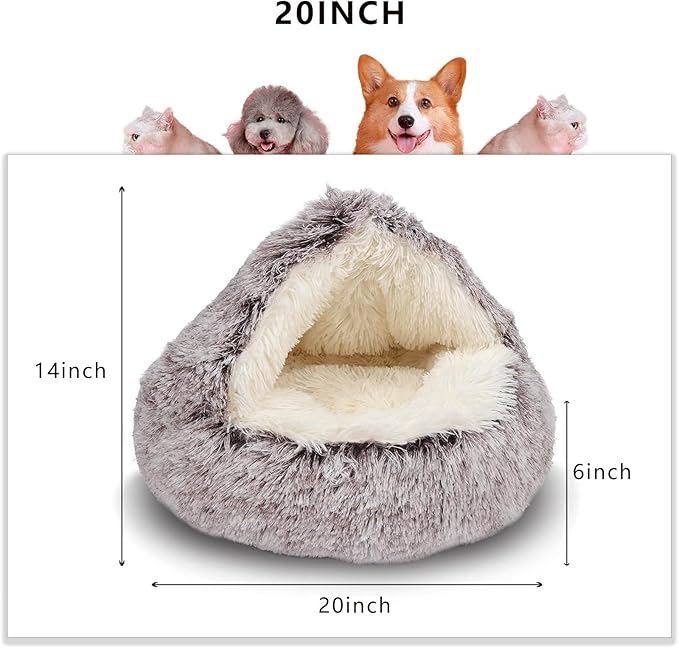 ShinHye Cozy Cat Bed - Round Plush Fluffy Hooded Cave, Indoor/Outdoor, Waterproof & Washable
