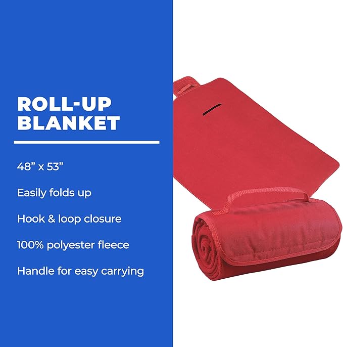 25 Ct of Roll-Up Blankets for Camping, Travel, Outdoors, Beach, Picnics – Red – Hook + Loop Closure