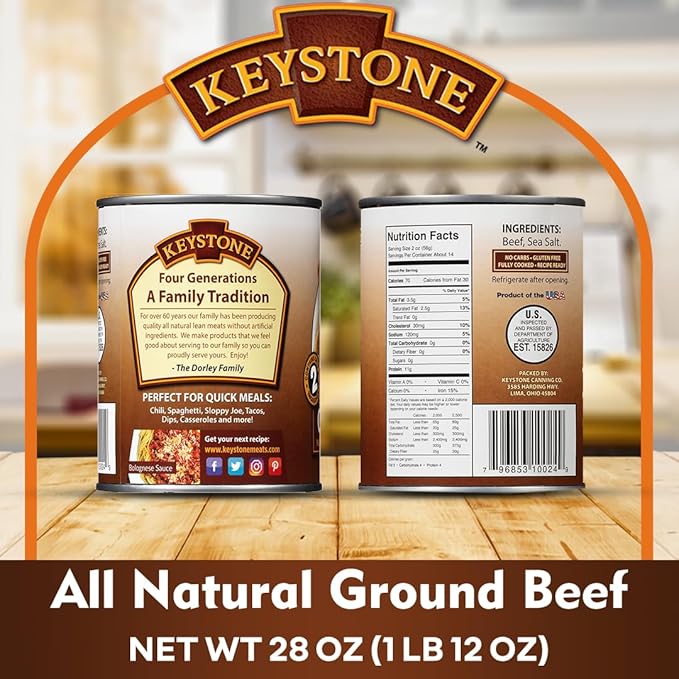 Keystone Meats All Natural Heat and Serve Ground Beef 28 oz – Fully Cooked Canned Meat – Ready to