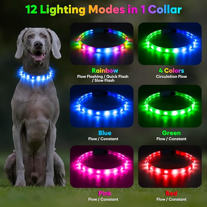 Flashseen LED Dog Collar, USB Rechargeable Glowing Lighted Up Collar, Cuttable Water-Resistant TPU