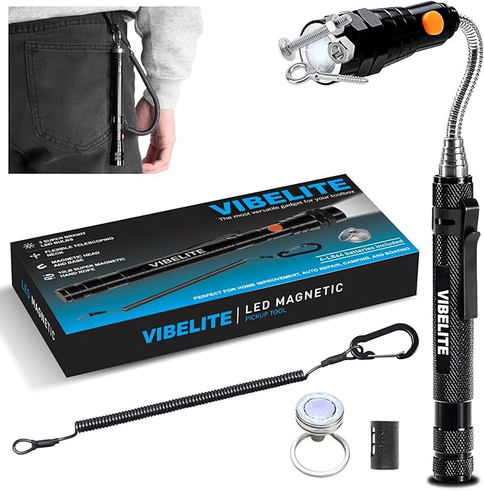 VIBELITE Gifts for Dad, Magnetic Flashlight with Tool Magnetic Lanyard, Telescoping Magnet Pickup