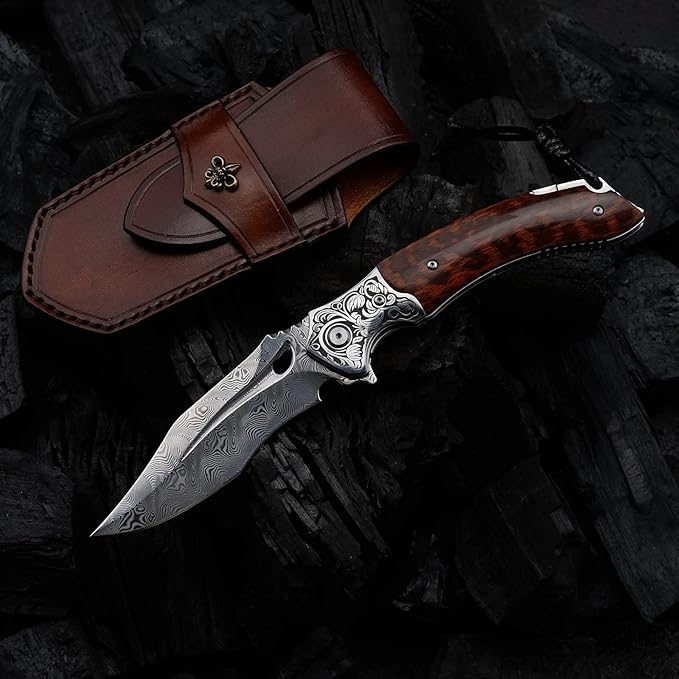 Japanese VG 10 Damascus Steel Folding Knife, Outdoor Wilderness Survival Pocket Knife, Snake Wood