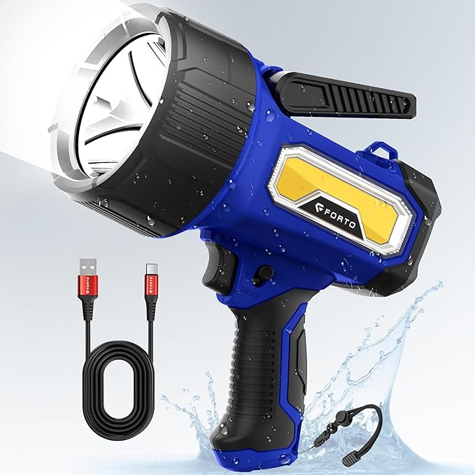 FORTO Rechargeable Spotlight Flashlight, 200000 Lumens Handheld Spotlight with Foldable Stand, 6