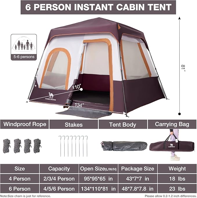 Camping Tents 4/6 Person Pop Up Instant Tent - Setup in 60s for Family Camping, Windproof Design