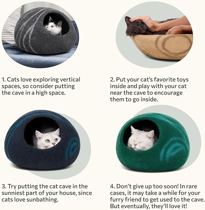 MEOWFIA Cat Cave ??Premium Felt Cat Bed for Indoor Cats, Handmade 100% Merino Wool (Large, Dark
