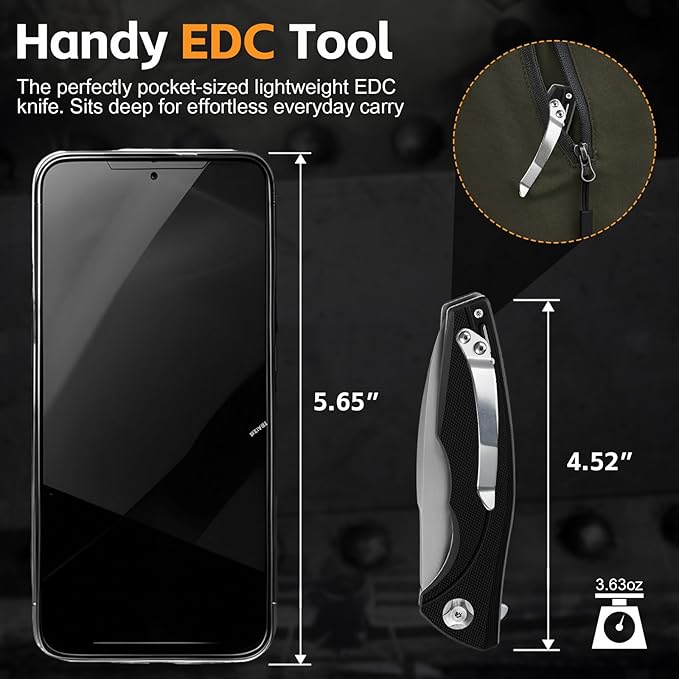Pocket EDC Knife V903, 3.2" D2 Steel Blade Black G10 Handle Folding Knife with Pocket Clip for Men