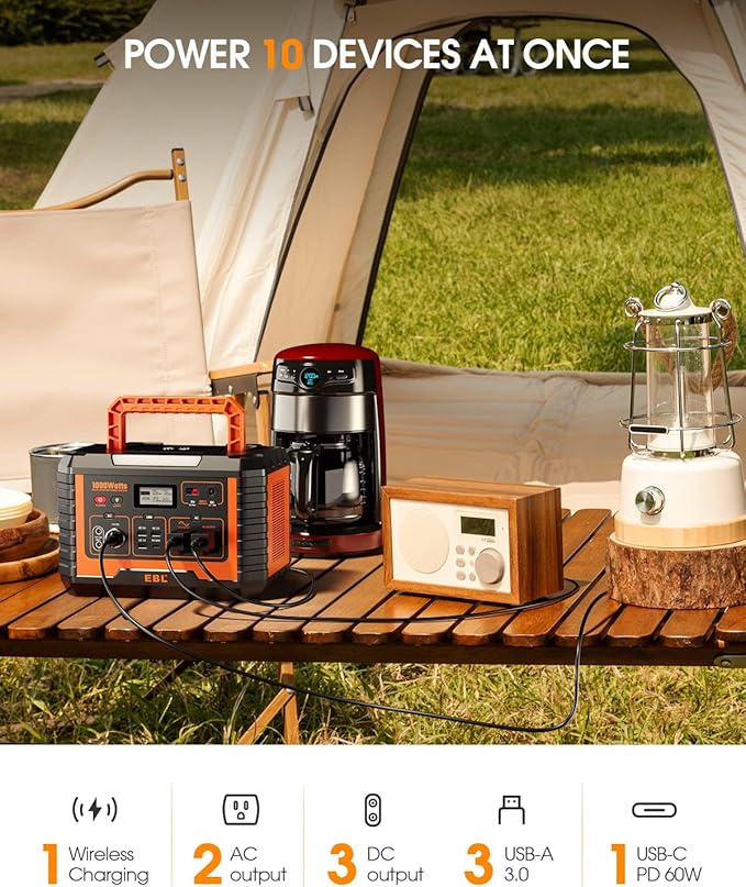 EBL Portable Power Station 1000W, Camping Solar Generator 270000mAh with 110V AC Outlet, PD 60W