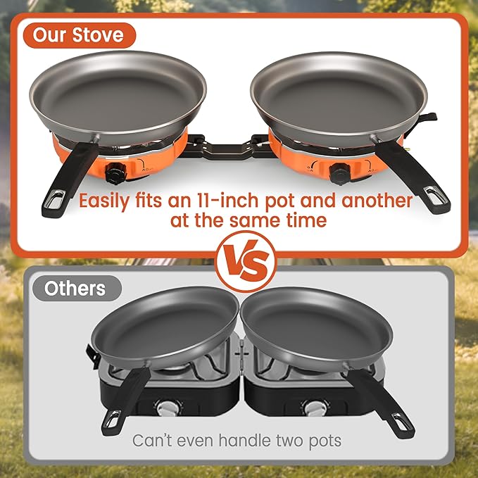 20,000 BTUs 2 Burner Propane Camping Stove, Portable Folding Camp Stove with Adjustable Burners