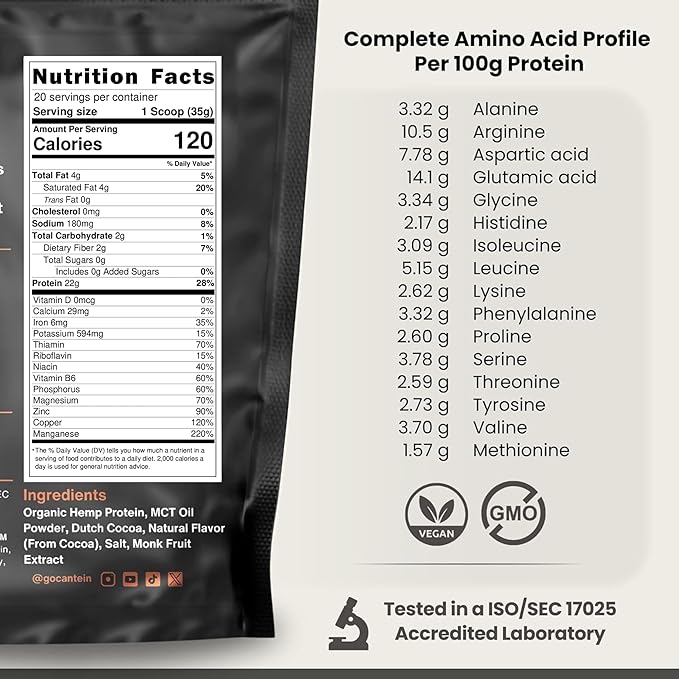 Organic Hemp Protein Powder, Plant Based and Vegan Protein Shake, Lactose and Dairy Free, Gluten