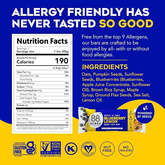 88 Acres Granola Bars | Blueberry Lemon | Gluten Free, Nut-Free Oat and Seed Granola Bar | Vegan &