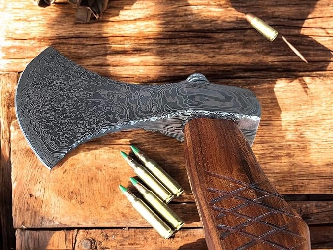AX-7000 Custom Gift Forged Damascus Steel Vintage Axe with Rose Wood Shaft, Viking Bearded Camping