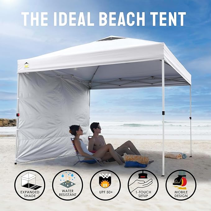 CROWN SHADES 10x10 Pop Up Canopy with 1 Side Wall - Beach Tent with One Push Setup - Outdoor Sun